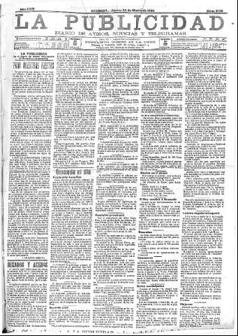 'La publicidad  : diario de avisos noticias y telegramas. Eco fiel de la opinión y verdadero defensor de los intereses morales y materiales de Granada y su provincia' - Año XXIV Número 6199  - 1904 Marzo 24