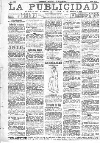 'La publicidad  : diario de avisos noticias y telegramas. Eco fiel de la opinión y verdadero defensor de los intereses morales y materiales de Granada y su provincia' - Año XXIV Número 6234  - 1904 Mayo 04