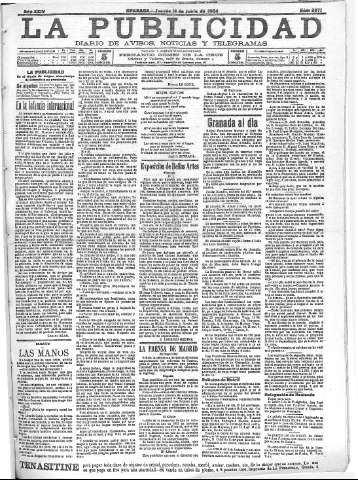 'La publicidad  : diario de avisos noticias y telegramas. Eco fiel de la opinión y verdadero defensor de los intereses morales y materiales de Granada y su provincia' - Año XXIV Número 6271  - 1904 Junio 16