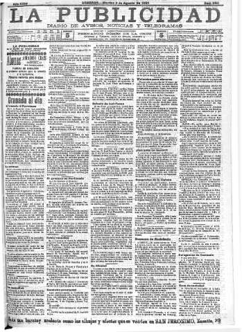 'La publicidad  : diario de avisos noticias y telegramas. Eco fiel de la opinión y verdadero defensor de los intereses morales y materiales de Granada y su provincia' - Año XXIV Número 6311  - 1904 Agosto 02