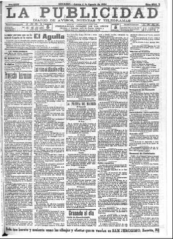 'La publicidad  : diario de avisos noticias y telegramas. Eco fiel de la opinión y verdadero defensor de los intereses morales y materiales de Granada y su provincia' - Año XXIV Número 6313  - 1904 Agosto 04