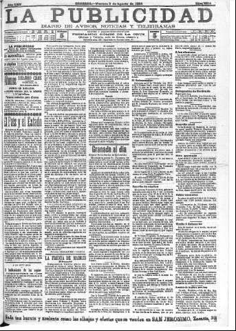 'La publicidad  : diario de avisos noticias y telegramas. Eco fiel de la opinión y verdadero defensor de los intereses morales y materiales de Granada y su provincia' - Año XXIV Número 6314  - 1904 Agosto 05