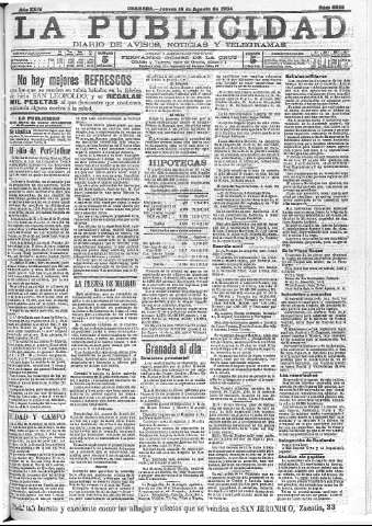 'La publicidad  : diario de avisos noticias y telegramas. Eco fiel de la opinión y verdadero defensor de los intereses morales y materiales de Granada y su provincia' - Año XXIV Número 6325  - 1904 Agosto 18