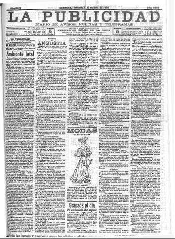 'La publicidad  : diario de avisos noticias y telegramas. Eco fiel de la opinión y verdadero defensor de los intereses morales y materiales de Granada y su provincia' - Año XXIV Número 6333  - 1904 Agosto 27