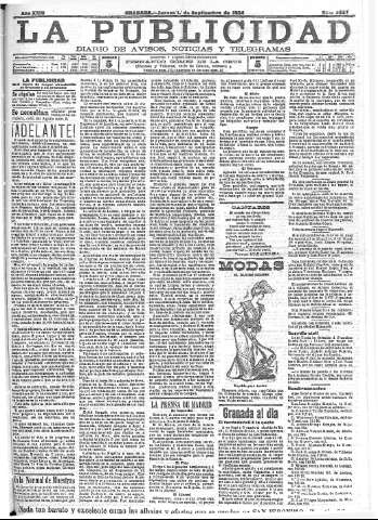 'La publicidad  : diario de avisos noticias y telegramas. Eco fiel de la opinión y verdadero defensor de los intereses morales y materiales de Granada y su provincia' - Año XXIV Número 6337  - 1904 Septiembre 01