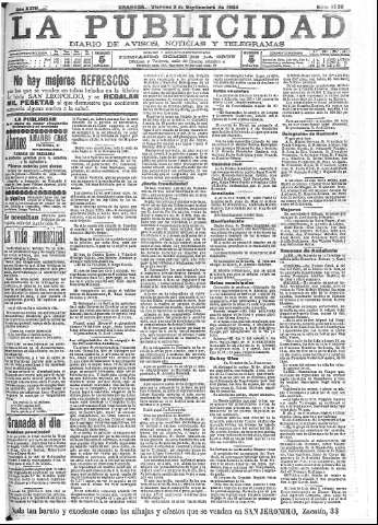 'La publicidad  : diario de avisos noticias y telegramas. Eco fiel de la opinión y verdadero defensor de los intereses morales y materiales de Granada y su provincia' - Año XXIV Número 6338  - 1904 Septiembre 02