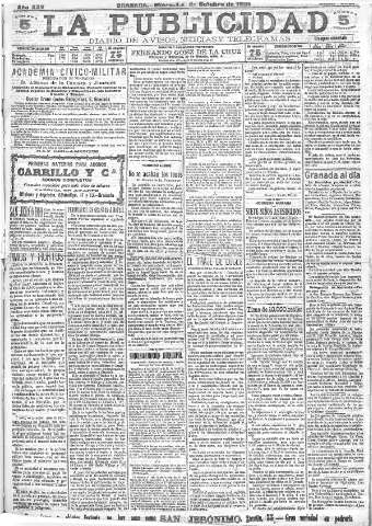 'La publicidad  : diario de avisos noticias y telegramas. Eco fiel de la opinión y verdadero defensor de los intereses morales y materiales de Granada y su provincia' - Año XXV Número 6681  - 1905 Octubre 04