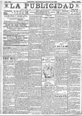 'La publicidad  : diario de avisos noticias y telegramas. Eco fiel de la opinión y verdadero defensor de los intereses morales y materiales de Granada y su provincia' - Año XXV Número 6685  - 1905 Octubre 08