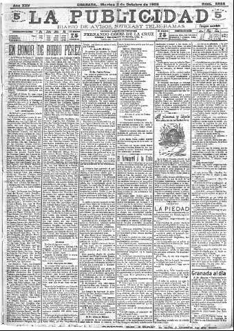 'La publicidad  : diario de avisos noticias y telegramas. Eco fiel de la opinión y verdadero defensor de los intereses morales y materiales de Granada y su provincia' - Año XXV Número 6686  - 1905 Octubre 10