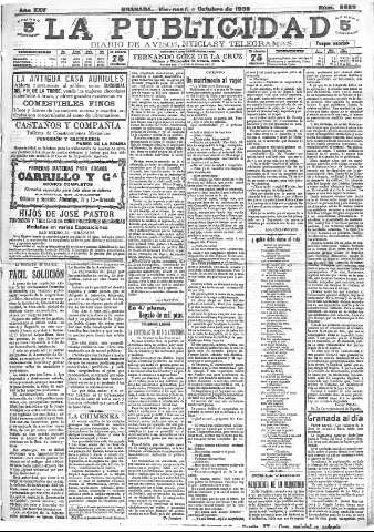 'La publicidad  : diario de avisos noticias y telegramas. Eco fiel de la opinión y verdadero defensor de los intereses morales y materiales de Granada y su provincia' - Año XXV Número 6689  - 1905 Octubre 13