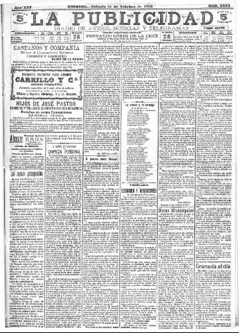 'La publicidad  : diario de avisos noticias y telegramas. Eco fiel de la opinión y verdadero defensor de los intereses morales y materiales de Granada y su provincia' - Año XXV Número 6690  - 1905 Octubre 14