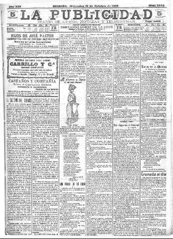 'La publicidad  : diario de avisos noticias y telegramas. Eco fiel de la opinión y verdadero defensor de los intereses morales y materiales de Granada y su provincia' - Año XXV Número 6693  - 1905 Octubre 18