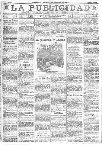 'La publicidad  : diario de avisos noticias y telegramas. Eco fiel de la opinión y verdadero defensor de los intereses morales y materiales de Granada y su provincia' - Año XXV Número 6697  - 1905 Octubre 22