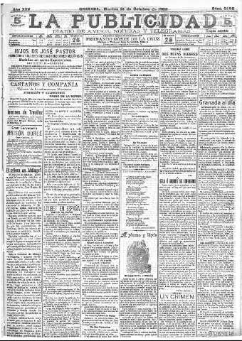 'La publicidad  : diario de avisos noticias y telegramas. Eco fiel de la opinión y verdadero defensor de los intereses morales y materiales de Granada y su provincia' - Año XXV Número 6698  - 1905 Octubre 24