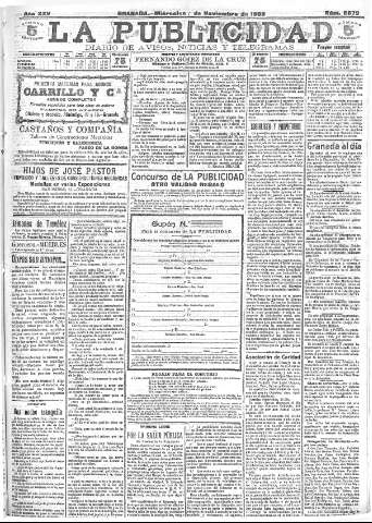 'La publicidad  : diario de avisos noticias y telegramas. Eco fiel de la opinión y verdadero defensor de los intereses morales y materiales de Granada y su provincia' - Año XXV Número 6672  - 1905 Noviembre 01