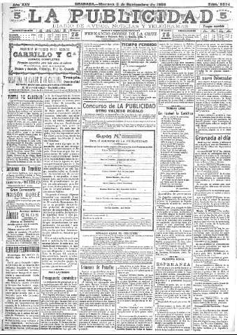 'La publicidad  : diario de avisos noticias y telegramas. Eco fiel de la opinión y verdadero defensor de los intereses morales y materiales de Granada y su provincia' - Año XXV Número 6674  - 1905 Noviembre 03