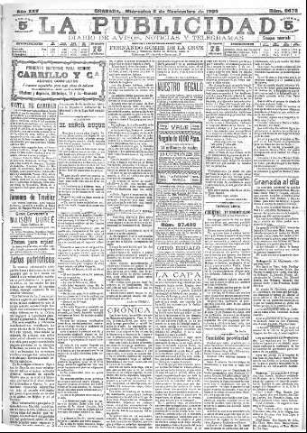 'La publicidad  : diario de avisos noticias y telegramas. Eco fiel de la opinión y verdadero defensor de los intereses morales y materiales de Granada y su provincia' - Año XXV Número 6678  - 1905 Noviembre 08