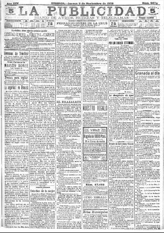 'La publicidad  : diario de avisos noticias y telegramas. Eco fiel de la opinión y verdadero defensor de los intereses morales y materiales de Granada y su provincia' - Año XXV Número 6679  - 1905 Noviembre 09