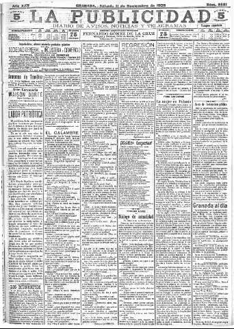 'La publicidad  : diario de avisos noticias y telegramas. Eco fiel de la opinión y verdadero defensor de los intereses morales y materiales de Granada y su provincia' - Año XXV Número 6681  - 1905 Noviembre 11