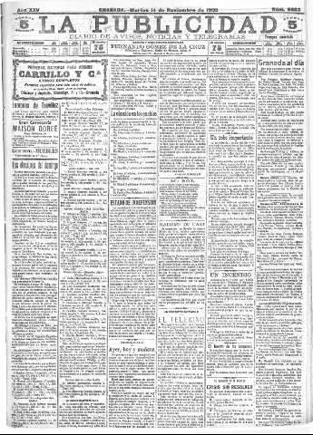 'La publicidad  : diario de avisos noticias y telegramas. Eco fiel de la opinión y verdadero defensor de los intereses morales y materiales de Granada y su provincia' - Año XXV Número 6683  - 1905 Noviembre 14