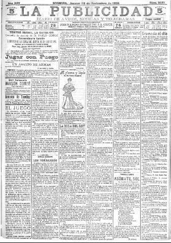 'La publicidad  : diario de avisos noticias y telegramas. Eco fiel de la opinión y verdadero defensor de los intereses morales y materiales de Granada y su provincia' - Año XXV Número 6691  - 1905 Noviembre 23