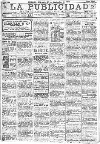'La publicidad  : diario de avisos noticias y telegramas. Eco fiel de la opinión y verdadero defensor de los intereses morales y materiales de Granada y su provincia' - Año XXV Número 6696  - 1905 Noviembre 29