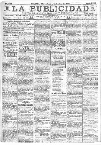 'La publicidad  : diario de avisos noticias y telegramas. Eco fiel de la opinión y verdadero defensor de los intereses morales y materiales de Granada y su provincia' - Año XXV Número 6702  - 1905 Diciembre 06