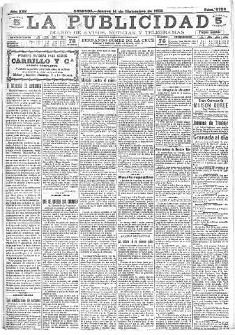 'La publicidad  : diario de avisos noticias y telegramas. Eco fiel de la opinión y verdadero defensor de los intereses morales y materiales de Granada y su provincia' - Año XXV Número 6709  - 1905 Diciembre 14