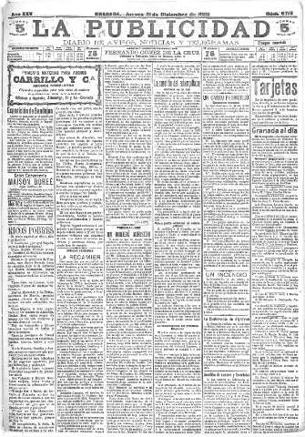 'La publicidad  : diario de avisos noticias y telegramas. Eco fiel de la opinión y verdadero defensor de los intereses morales y materiales de Granada y su provincia' - Año XXV Número 6715  - 1905 Diciembre 21