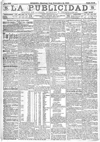 'La publicidad  : diario de avisos noticias y telegramas. Eco fiel de la opinión y verdadero defensor de los intereses morales y materiales de Granada y su provincia' - Año XXV Número 6718  - 1905 Diciembre 24