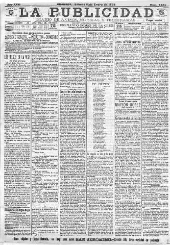 'La publicidad  : diario de avisos noticias y telegramas. Eco fiel de la opinión y verdadero defensor de los intereses morales y materiales de Granada y su provincia' - Año XXVI Número 6729  - 1906 Enero 06