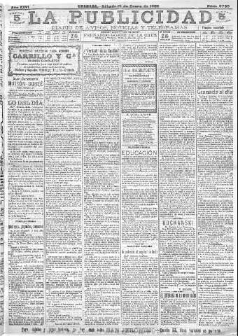 'La publicidad  : diario de avisos noticias y telegramas. Eco fiel de la opinión y verdadero defensor de los intereses morales y materiales de Granada y su provincia' - Año XXVI Número 6735  - 1906 Enero 13