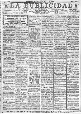 'La publicidad  : diario de avisos noticias y telegramas. Eco fiel de la opinión y verdadero defensor de los intereses morales y materiales de Granada y su provincia' - Año XXVI Número 6743  - 1906 Enero 23