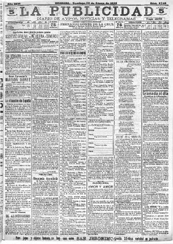 'La publicidad  : diario de avisos noticias y telegramas. Eco fiel de la opinión y verdadero defensor de los intereses morales y materiales de Granada y su provincia' - Año XXVI Número 6750  - 1906 Enero 31