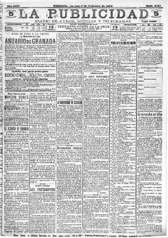 'La publicidad  : diario de avisos noticias y telegramas. Eco fiel de la opinión y verdadero defensor de los intereses morales y materiales de Granada y su provincia' - Año XXVI Número 6751  - 1906 Febrero 01