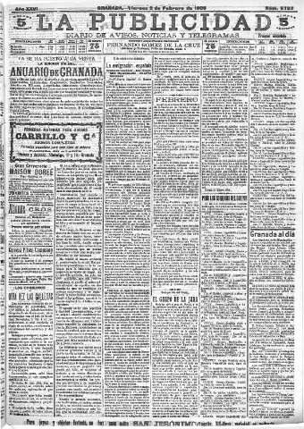 'La publicidad  : diario de avisos noticias y telegramas. Eco fiel de la opinión y verdadero defensor de los intereses morales y materiales de Granada y su provincia' - Año XXVI Número 6752  - 1906 Febrero 02