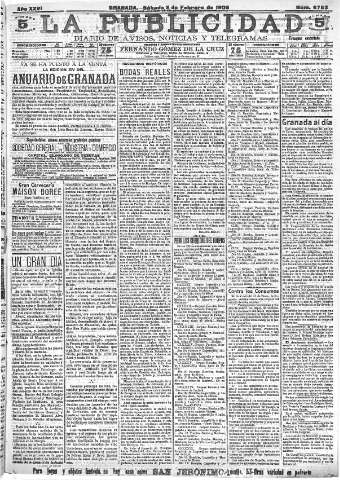 'La publicidad  : diario de avisos noticias y telegramas. Eco fiel de la opinión y verdadero defensor de los intereses morales y materiales de Granada y su provincia' - Año XXVI Número 6753  - 1906 Febrero 03