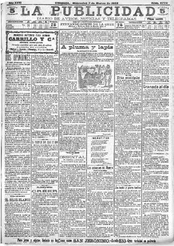 'La publicidad  : diario de avisos noticias y telegramas. Eco fiel de la opinión y verdadero defensor de los intereses morales y materiales de Granada y su provincia' - Año XXVI Número 6779  - 1906 Marzo 07