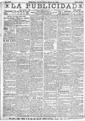 'La publicidad  : diario de avisos noticias y telegramas. Eco fiel de la opinión y verdadero defensor de los intereses morales y materiales de Granada y su provincia' - Año XXVI Número 6790  - 1906 Marzo 20