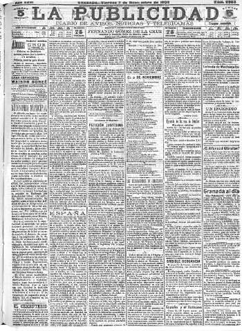 'La publicidad  : diario de avisos noticias y telegramas. Eco fiel de la opinión y verdadero defensor de los intereses morales y materiales de Granada y su provincia' - Año XXVI Número 6983  - 1906 Noviembre 02
