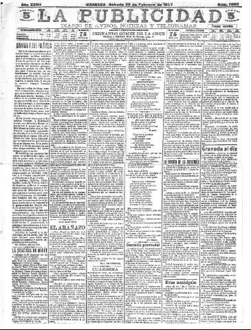 'La publicidad  : diario de avisos noticias y telegramas. Eco fiel de la opinión y verdadero defensor de los intereses morales y materiales de Granada y su provincia' - Año XXVII Número 7080  - 1907 Febrero 23