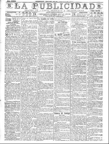 'La publicidad  : diario de avisos noticias y telegramas. Eco fiel de la opinión y verdadero defensor de los intereses morales y materiales de Granada y su provincia' - Año XXVII Número 7082  - 1907 Febrero 26