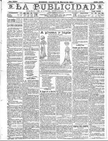 'La publicidad  : diario de avisos noticias y telegramas. Eco fiel de la opinión y verdadero defensor de los intereses morales y materiales de Granada y su provincia' - Año XXVII Número 7090  - 1907 Marzo 07