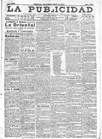 'La publicidad  : diario de avisos noticias y telegramas. Eco fiel de la opinión y verdadero defensor de los intereses morales y materiales de Granada y su provincia' - Año XXVII Número 7112  - 1907 Abril 03