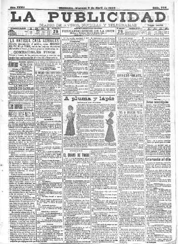 'La publicidad  : diario de avisos noticias y telegramas. Eco fiel de la opinión y verdadero defensor de los intereses morales y materiales de Granada y su provincia' - Año XXVII Número 7114  - 1907 Abril 05