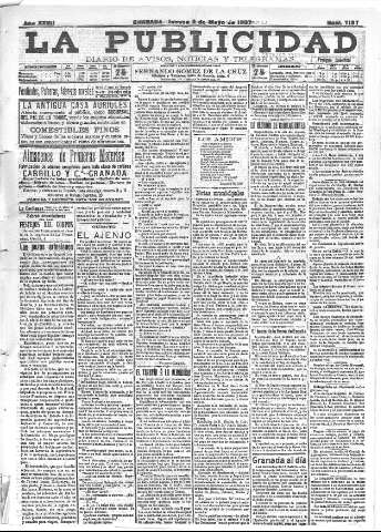 'La publicidad  : diario de avisos noticias y telegramas. Eco fiel de la opinión y verdadero defensor de los intereses morales y materiales de Granada y su provincia' - Año XXVII Número 7137  - 1907 Mayo 02