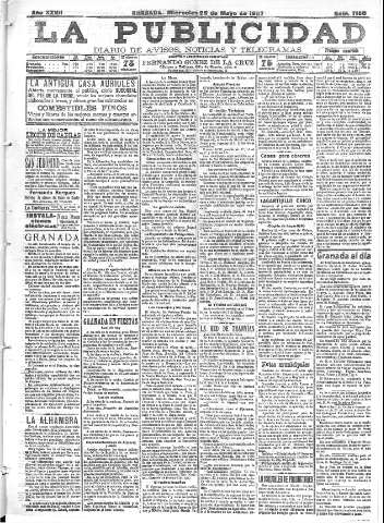 'La publicidad  : diario de avisos noticias y telegramas. Eco fiel de la opinión y verdadero defensor de los intereses morales y materiales de Granada y su provincia' - Año XXVII Número 7160  - 1907 Mayo 29