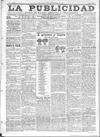'La publicidad  : diario de avisos noticias y telegramas. Eco fiel de la opinión y verdadero defensor de los intereses morales y materiales de Granada y su provincia' - Año XXVII Número 7162  - 1907 Mayo 31