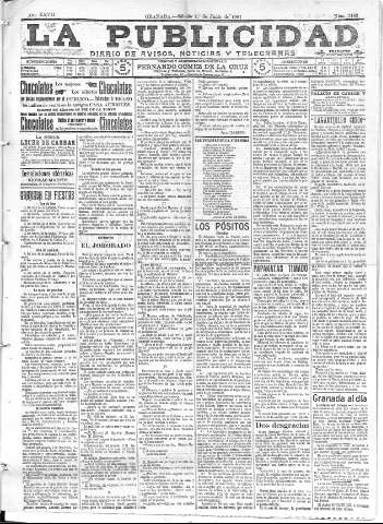 'La publicidad  : diario de avisos noticias y telegramas. Eco fiel de la opinión y verdadero defensor de los intereses morales y materiales de Granada y su provincia' - Año XXVII Número 7163  - 1907 Junio 01