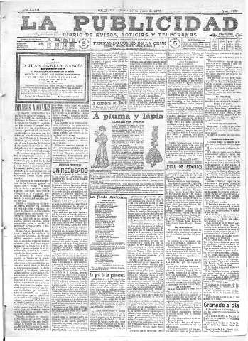 'La publicidad  : diario de avisos noticias y telegramas. Eco fiel de la opinión y verdadero defensor de los intereses morales y materiales de Granada y su provincia' - Año XXVII Número 7179  - 1907 Junio 20